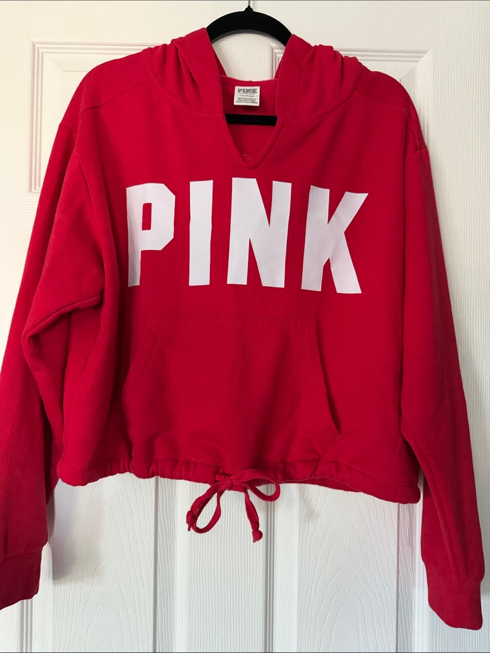 PINK Victoria's Secret Red Cropped Drawstring Hoodie with White Logo